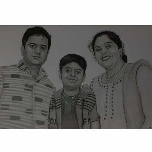 Family Of 3 Sketch A3 Size Black and White
